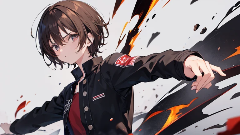 Anime Style,highest quality, masterpiece,Short Hair,Black and brown hair, iris, anger,Simple Background,male, Active Movement,student