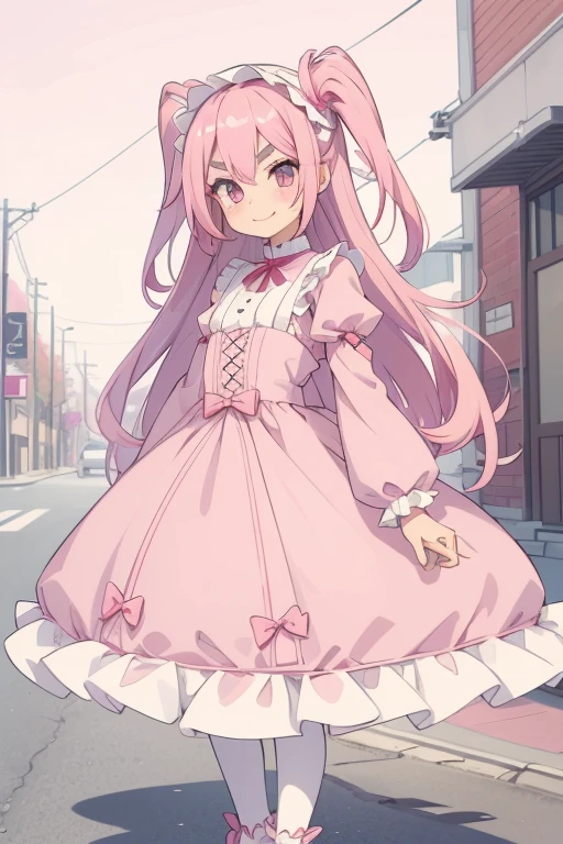 Girl with pink hair, long double-tailed hairstyle, ((small pink bushy eyebrows)), dressed in lolita clothing, marked vagina, lolicon (Zankuro) drawing style by zankuro artist, Zancro style, image uploaded to R34, standing in a street smiling, touching old male crotch