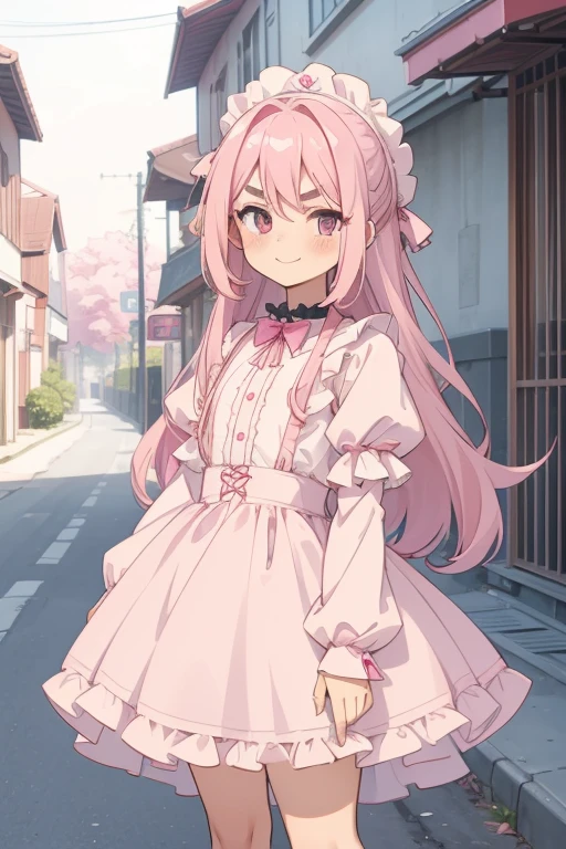 Girl with pink hair, long double-tailed hairstyle, ((small pink bushy eyebrows)), dressed in ta clothing, marked vagina, loli(Zankuro) drawing style by zankuro artist, Zancro style, image uploaded to R34, standing in a street smiling, touching old male crotch