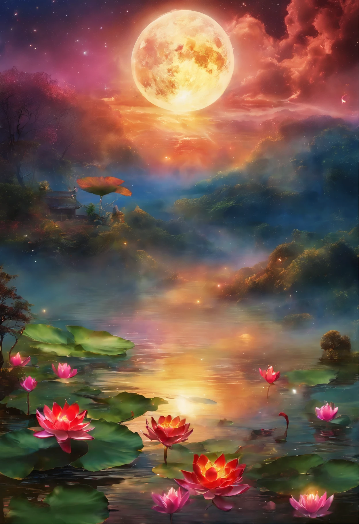 (masterpiece，Real photography，Simple composition：1.5），Bodhisattva，Sun, moon and stars，Popularity，galaxy，night，moonlight over lotus pond，plum bossom，Beautiful artistic conception，Realistic style，Magnificent atmosphere，Staff，