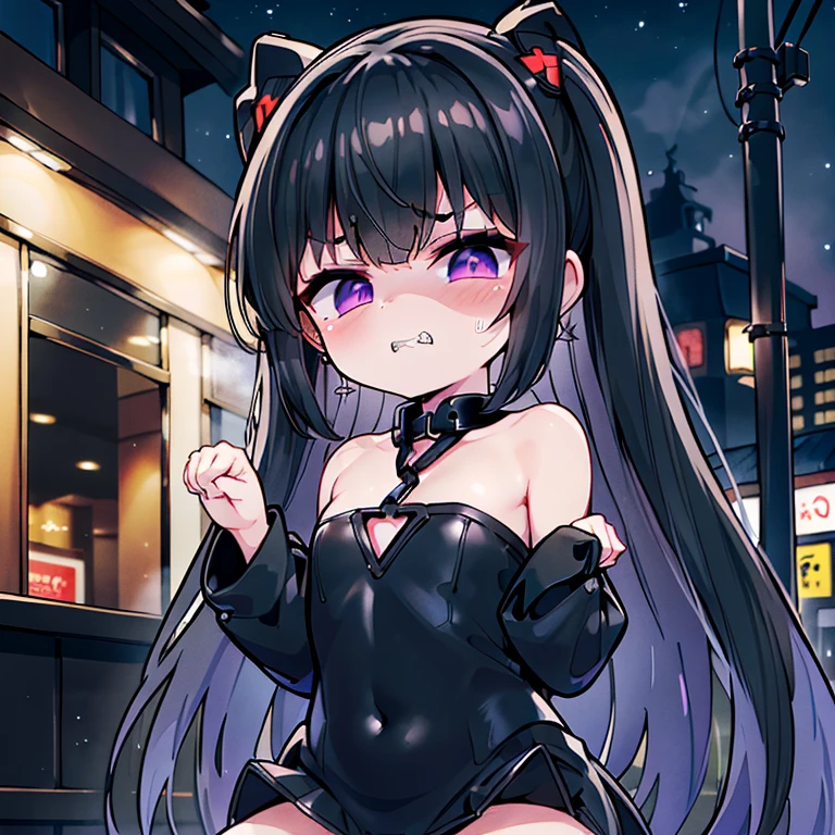 eager pet pose, ((looking disgusted)), full body, tears, peeing self, puddle of pee, (8K、Highest image quality、highest quality、masterpiece)、detailed face、((one ))、((black hair))、(long hair)、purple eyes、((evil smile)), (seductive eyes)、open your mouth、((jagged teeth))、small breasts、Black military cap、((black jacket))、off shoulder、((shiny latex black tube top))、((strapless))、shiny、((mini pencil skirt))、cowboy shot, ((hime hair)), hime cut, hime hair cut, hime style, city square, city sidewalk, (night time), earings, (((loli