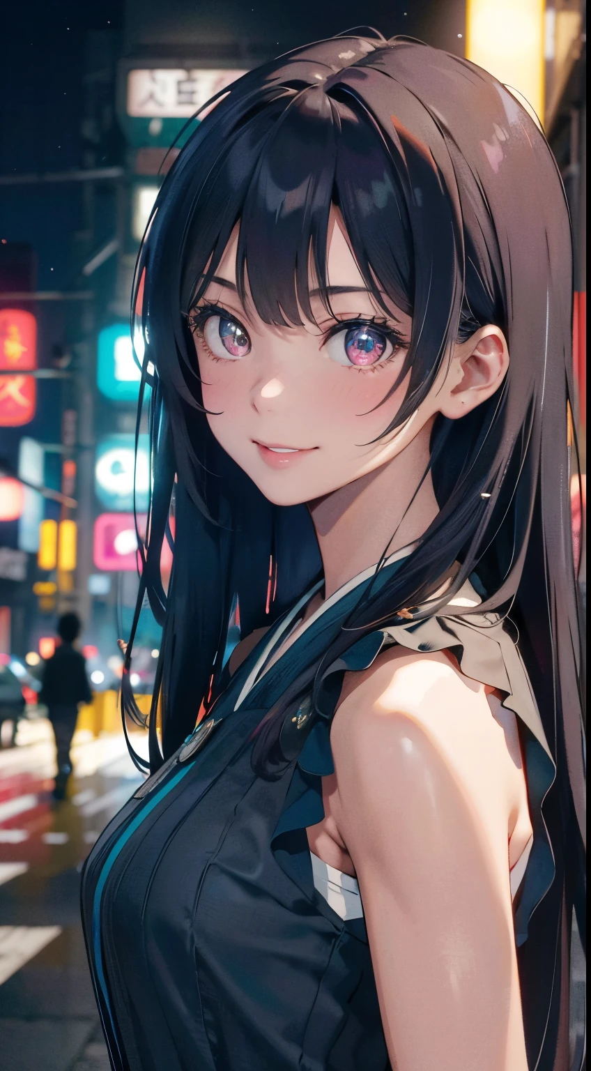 Masterpiece, 1 Beautiful Girl, Detailed, Swollen Eyes, Top Quality, Ultra High Resolution, (Reality: 1.4), Original Photo, 1Girl, Cinematic Lighting, Smiling, Japanese, Asian Beauty, Korean, Clean, Super Beautiful, Little Young Face, Beautiful Skin, Slender, Cyberpunk Background, (ultra realistic), (high resolution), (8K), (very detailed), (best illustration), (beautifully detailed eyes), (super detailed), (wallpaper), (detailed face), viewer looking, fine detail, detailed face, pureerosfaceace_v1, smiling, 46 point slanted bangs, looking straight ahead, neat clothes, dark colored eyes, clothes sleeveless, body facing front,