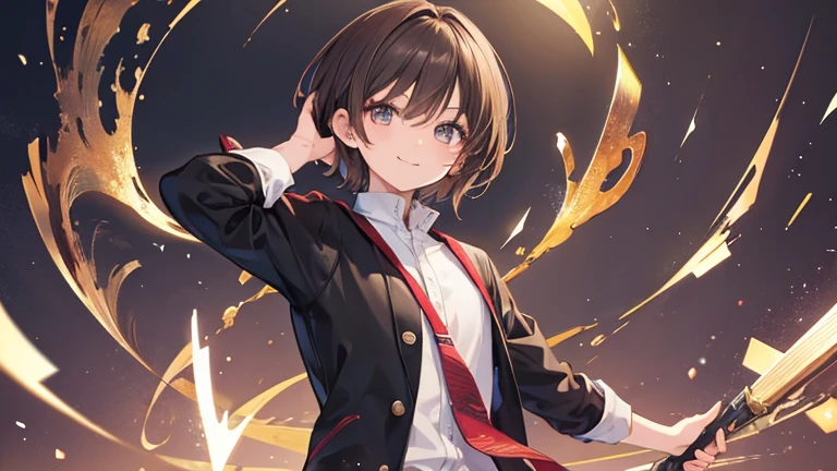 Anime Style,highest quality, masterpiece,Short Hair,Black and brown hair, iris, smile,Simple Background,male, Active Movement,student
