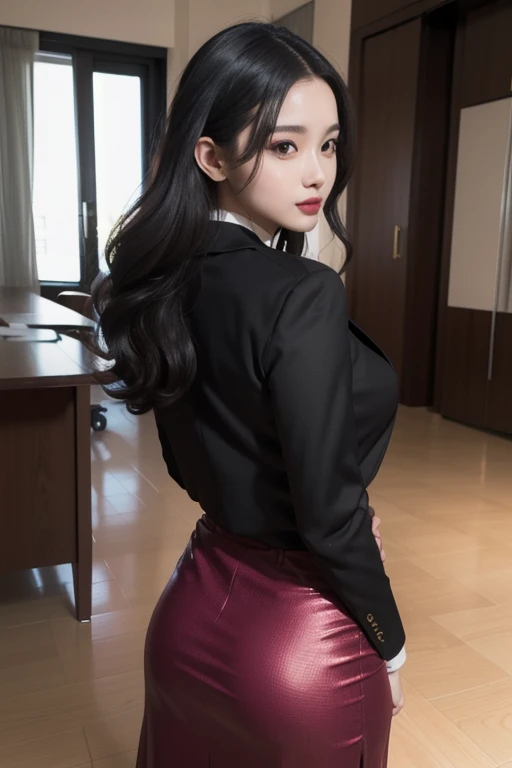 (Realistic、High resolution:1.3)high quality, Ultra-realistic, 8k, masterpiece: 1.3, Very detailed, Very beautiful woman,charm,2 women, Are standing, (look back) (From behind), stylish, Classic silhouette, black midi skirt,No collar blazer,Bold colors and patterns, Eye-catching accessories, innovative hairstyles, Vibrant makeup, Bright and vivid color scheme, Detailed skin texture, Detailed cloth texture, Mature Woman,A kind smile, (Mouth closed), (masterpiece 最high quality:1.2) Delicate illustrations, super detailed, Big Break,office,Full body portrait,GGX Heel,