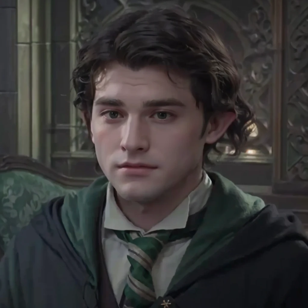 harry potter is a young man with a green tie and a green jacket, he has short curly brown hair, harry, he has dark grey hairs, similar to hagrid, with very highly detailed face, similar to malfoy, young half elf wizard, harry potter portrait, a male elf, accurate detailed face, green robes, male character, young adult male