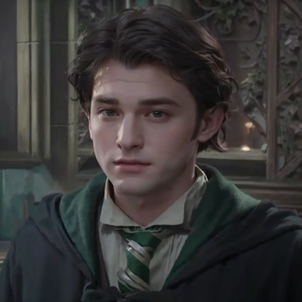 harry potter is a young man with a green tie and a green jacket, he has short curly brown hair, harry, he has dark grey hairs, similar to hagrid, with very highly detailed face, similar to malfoy, young half elf wizard, harry potter portrait, a male elf, accurate detailed face, green robes, male character, young adult male