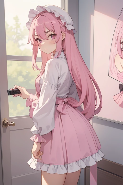 Girls with pink hair, long double-tailed hairstyle, ((small pink bushy eyebrows)), dressed in lolita clothes, marked vagina, lolicon (Zankuro) drawing style by zankuro artist, Zancro style, image uploaded to R34, changing of clothes in a room, semi naked with underwear in her hands, sexy flirtatious look, not looking at the camera (hidden camera recording her, security camera filter recording her) (Getting fucked from behind while setting up a camera)