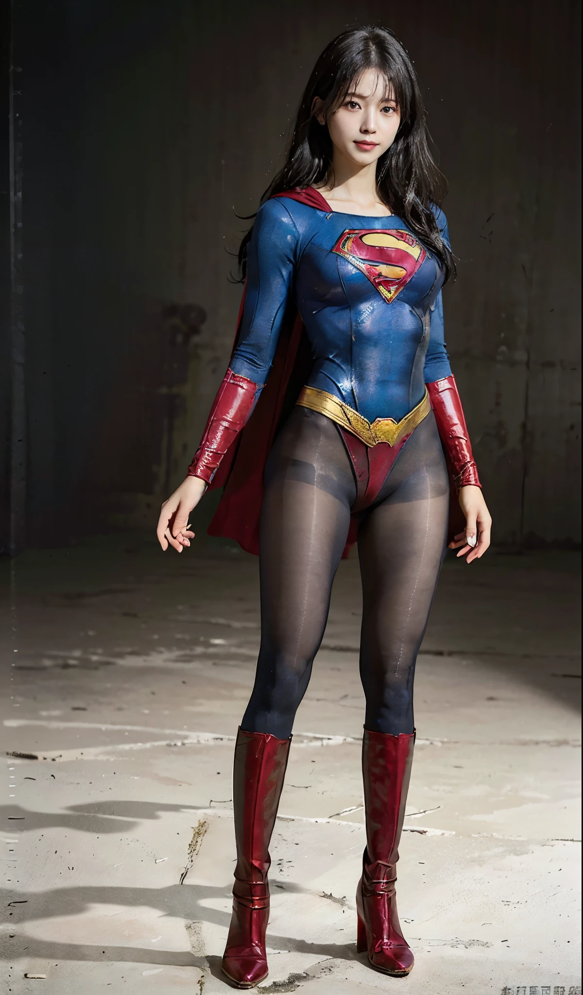 No background、(((Beautiful legs in black tights.)))、(((Legally express the beauty of your smile)))、((((Make the most of your original images)))、(((Supergirl Costume)))、(((Beautiful Hair)))、(((suffering)))、(((Please wear black tights....、Wear red boots)))、((Best image quality、8K))、((highest quality、8K、masterpiece:1.3))、(((Preserve background )))、Sharp focus:1.2、Beautiful woman with perfect figure:1.4、Thin abdominal muscles:1.2、Wet body:1.5、Highly detailed face and skin texture、8K