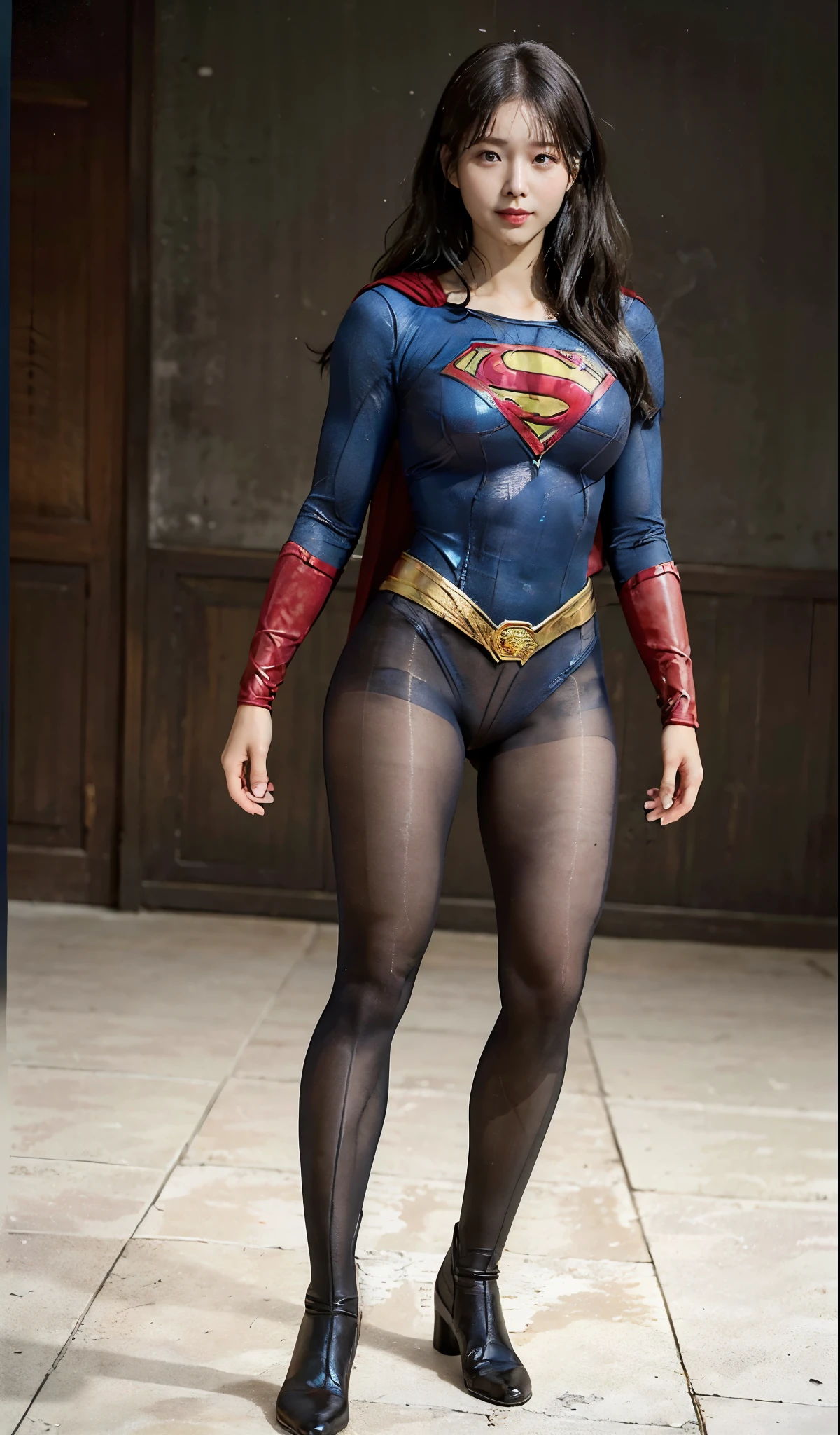 No background、(((Beautiful legs in black tights.)))、(((Legally express the beauty of your smile)))、((((Make the most of your original images)))、(((Supergirl Costume)))、(((Beautiful Hair)))、(((suffering)))、(((Please wear black tights....、Wear red boots)))、((Best image quality、8K))、((highest quality、8K、masterpiece:1.3))、(((Preserve background )))、Sharp focus:1.2、Beautiful woman with perfect figure:1.4、Thin abdominal muscles:1.2、Wet body:1.5、Highly detailed face and skin texture、8K