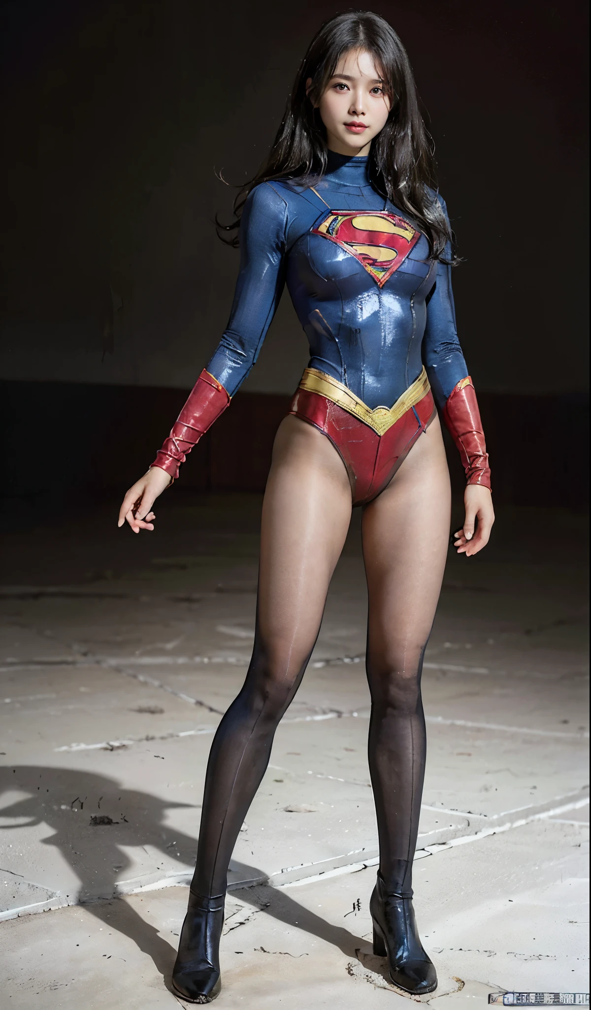 No background、(((Beautiful legs in black tights.)))、(((Legally express the beauty of your smile)))、((((Make the most of your original images)))、(((Supergirl Costume)))、(((Beautiful Hair)))、(((suffering)))、(((Please wear black tights....、Wear red boots)))、((Best image quality、8K))、((highest quality、8K、masterpiece:1.3))、(((Preserve background )))、Sharp focus:1.2、Beautiful woman with perfect figure:1.4、Thin abdominal muscles:1.2、Wet body:1.5、Highly detailed face and skin texture、8K