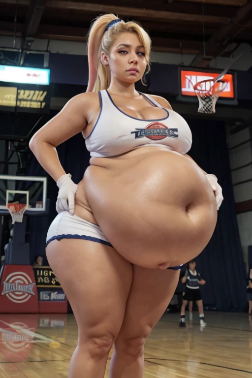 lolabunny, white shorts, white gloves, tank top, sportswear, blonde hair, ponytail, looking at viewer, serious, standing, hands on hips, inside basketball court, bright lighting, high quality, masterpiece, curvy, beer belly, big sagging breast, saggy breast, thick thighs, wide hips, big round ass, afternoon, fisheye lens, establishing shot, pastel color grading, front view, depth of field cinematography effect, film noir genre, 8k resolution, high quality, ultra detail , curvy body, plump body, huge big ass, thick body, curvy body type, voluptuous body type, busty body type, thick body type, big chest, big