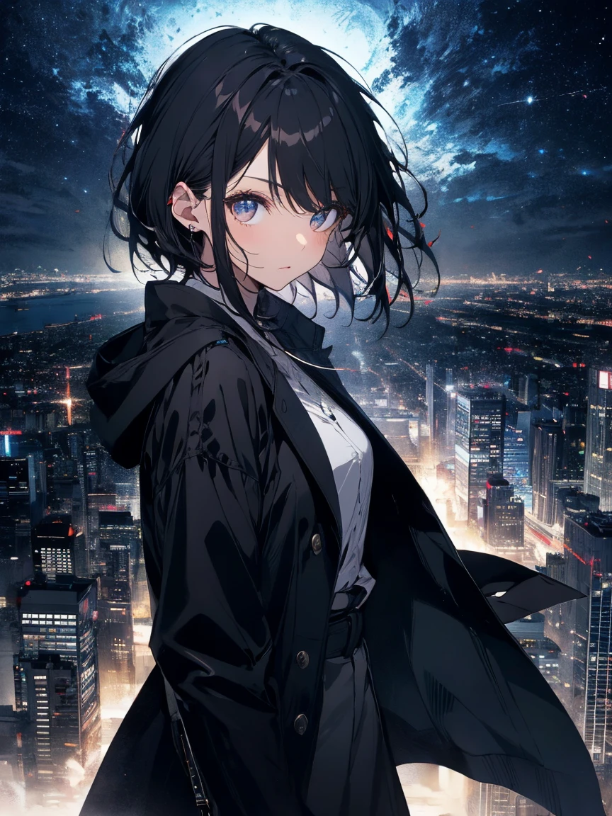 16k,beautiful, highest quality, Highly detailed face,Delicate eyes, Perfect lighting,one personの女の子、Black long coat、Black Hair.short hair,City of night、City、one person、walk、art