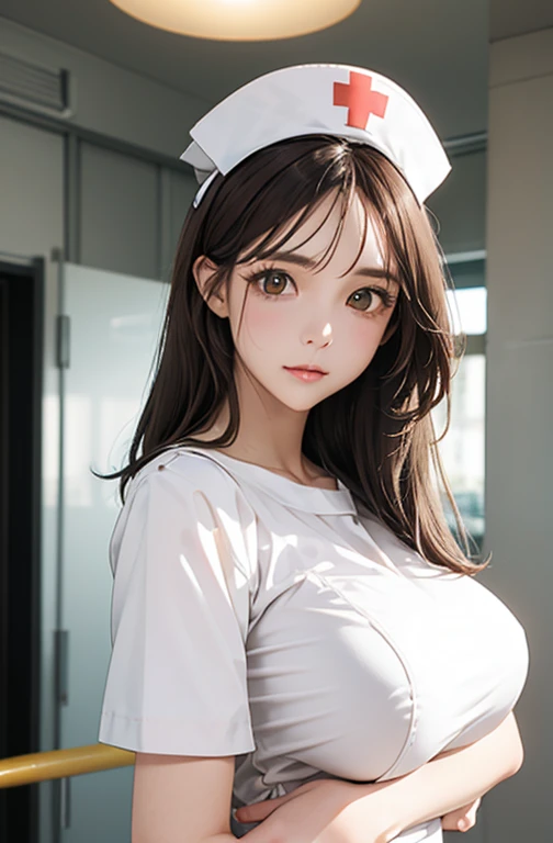 Nurse , in hospital , detailed hand , high quality, super quality, detailed face, beautiful woman , golden eyes, long hair , huge breast , gorgeous dress, wearing white nurse costume , nurse cap, sharpe eyebrow , (brown hair:1.4)