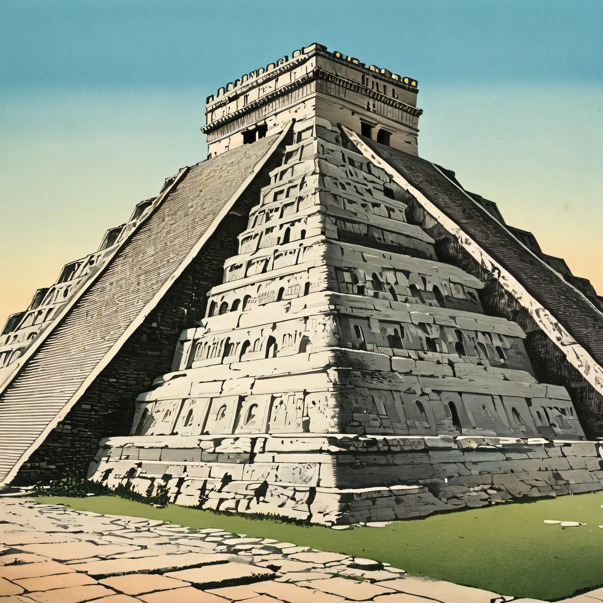 illustrations of historic ancient buildings with colored images