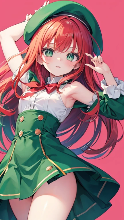 Anime Style,highest quality, masterpiece,Green and red hair,  iris,Simple Background,One Girl, Exciting Moves,beret