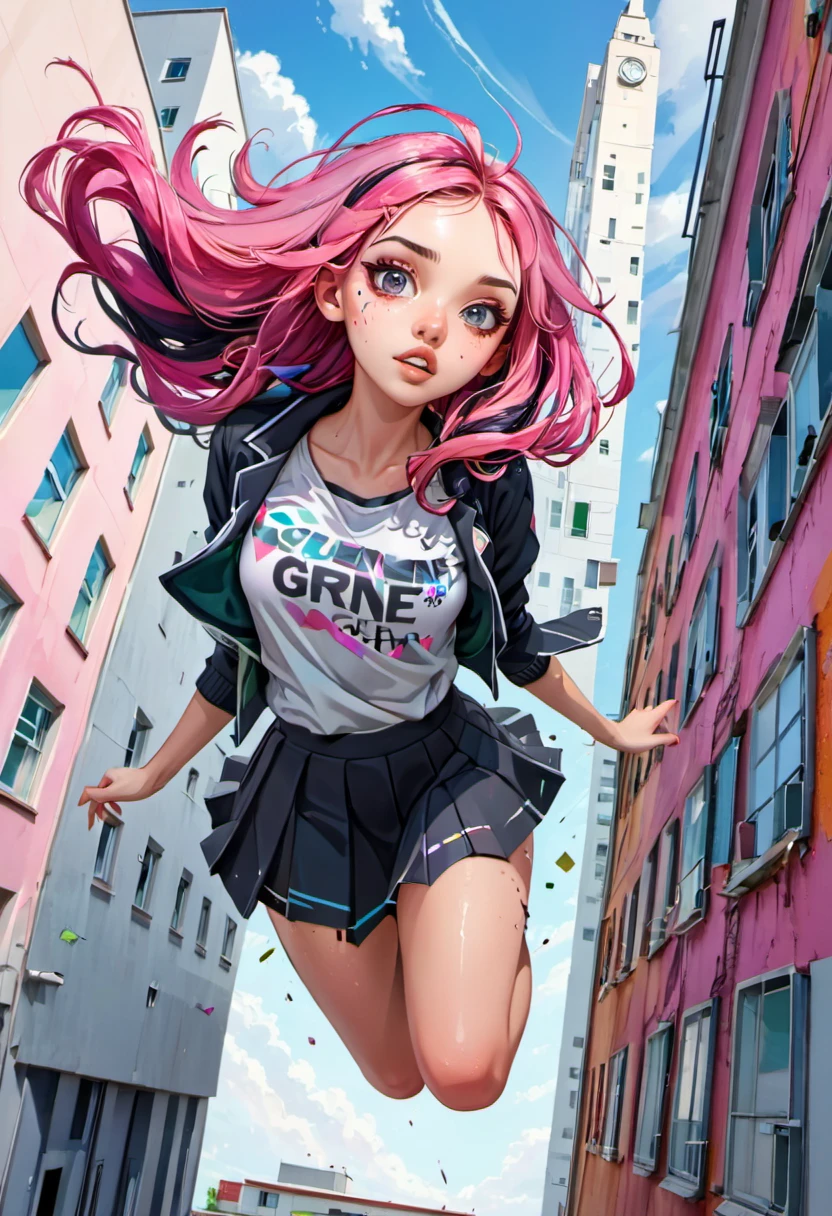 (falling from a building at high speed), girl with a beautiful face, black and pink hair, defined details, messy school clothes, looking at the camera, "Generate an illustration in a style that blends organic shapes with geometric patterns, emphasizing vibrant colors and dynamic compositions."