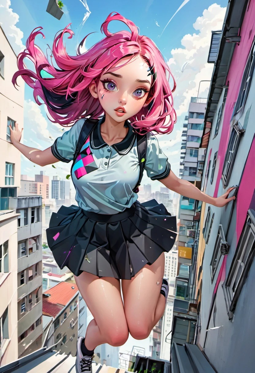 (falling from a building at high speed), girl with a beautiful face, black and pink hair, defined details, messy school clothes, looking at the camera, "Generate an illustration in a style that blends organic shapes with geometric patterns, emphasizing vibrant colors and dynamic compositions."