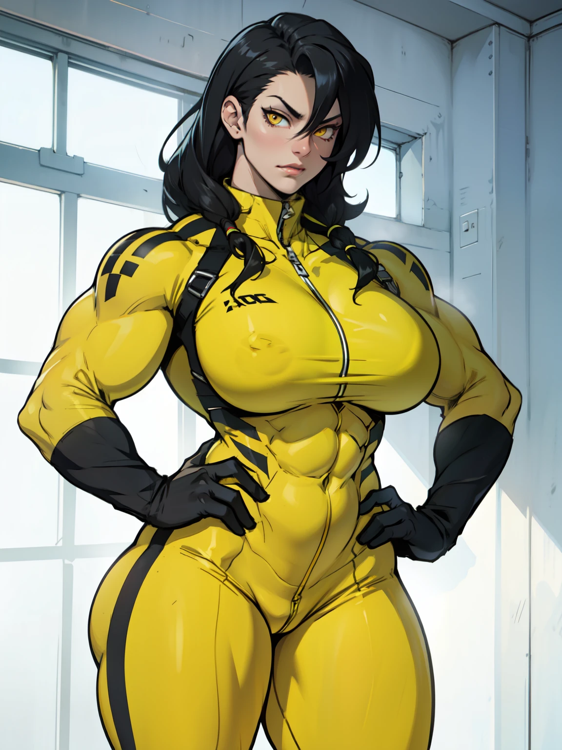 solo standing skintight ((muscular girl toned body)) massive breasts yellow eyes black hair pale skin