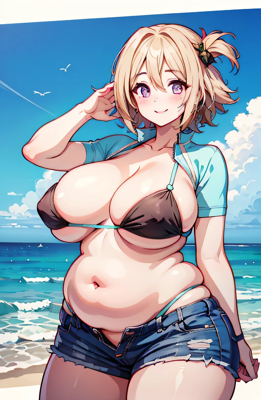 Anime illustration、highest quality、A short and plump female trainer、hot pants、Sandy Beach、Perfect proportions、overwhelmingly big breasts、Beautiful, shining eyes、Blushed、smile、Cowboy Shot