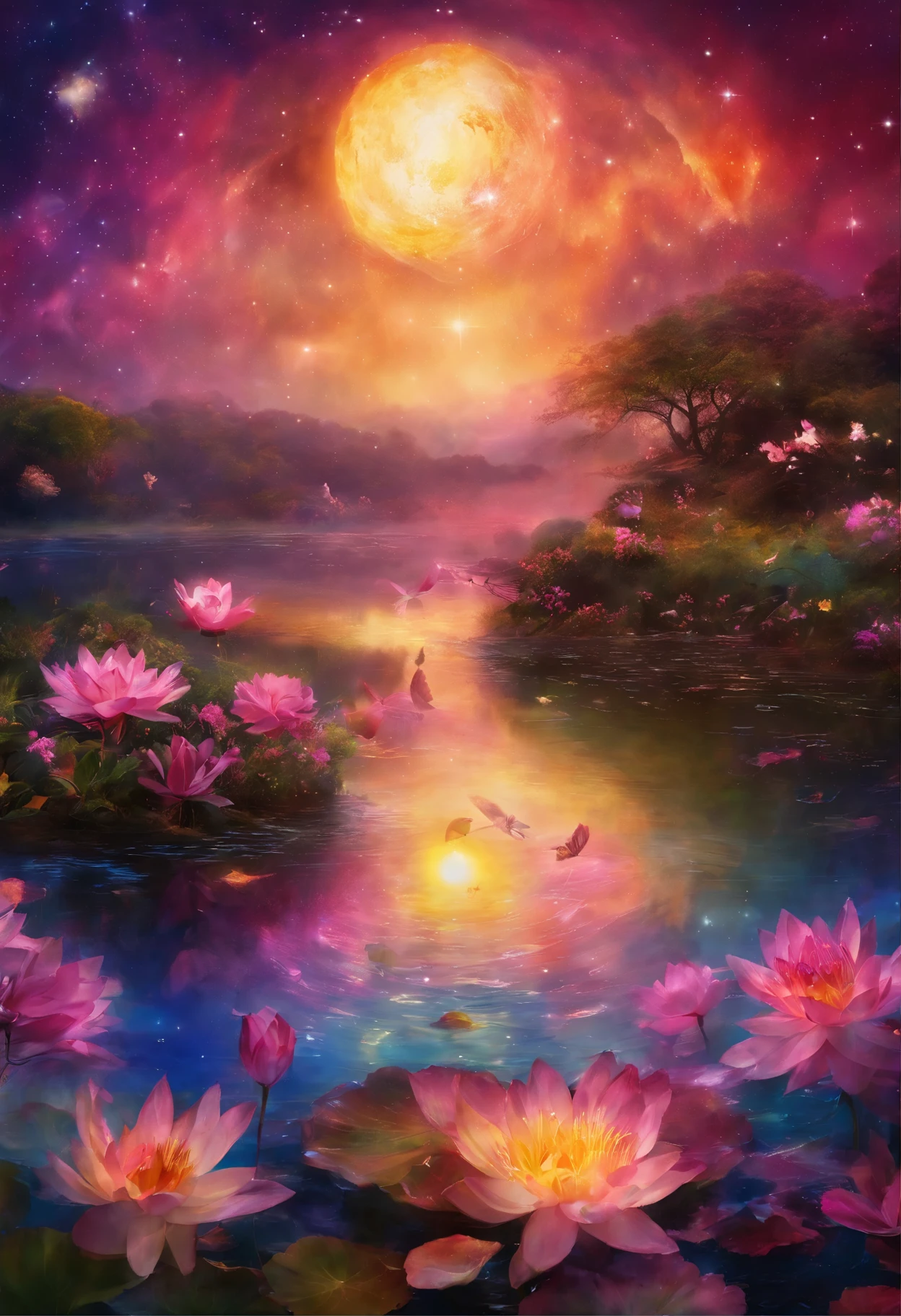 (masterpiece,Real photography,Simple composition:1.5),Bodhisattva,Sun, moon and stars,Popularity,galaxy,night,moonlight over lotus pond,plum bossom,Beautiful artistic conception,Realistic style,Magnificent atmosphere,Staff,