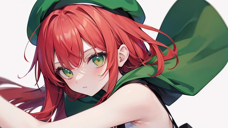 Anime Style,highest quality, masterpiece,Green and red hair, iris,Simple Background,One Girl, Exciting Moves,beret