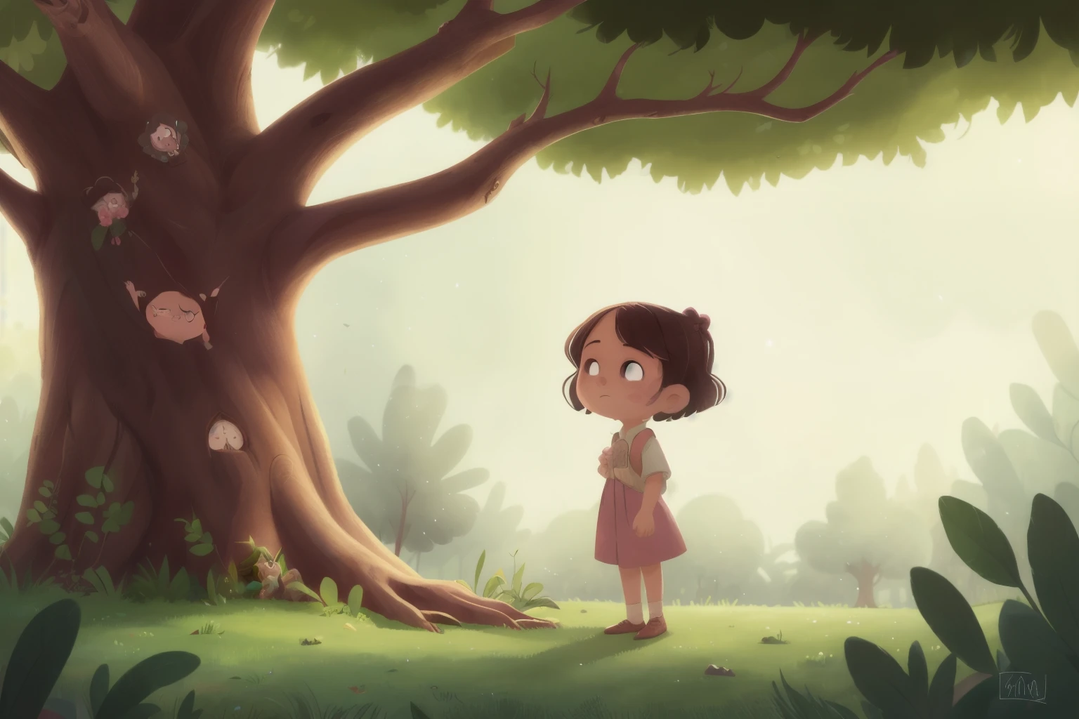 A girl facing a big magical tree