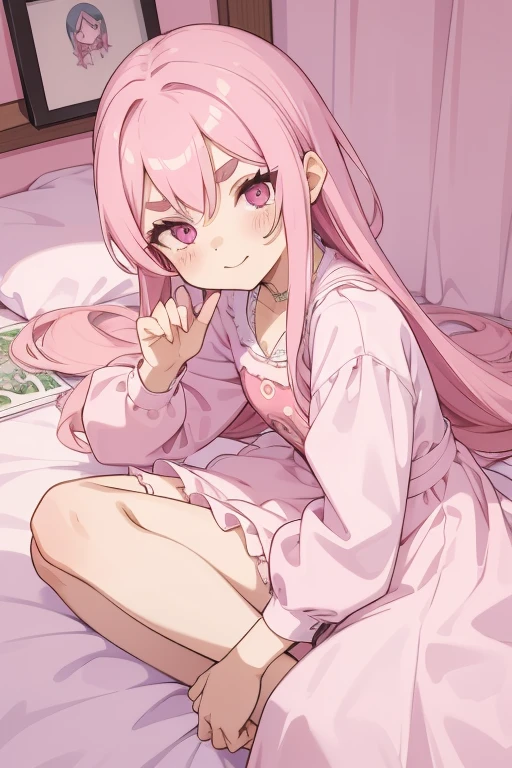 Girl with pink hair, long double-tailed hairstyle, ((small pink bushy eyebrows)), dressed in ta clothing, marked vagina, loli(Zankuro) drawing style by zankuro artist, Zancro style, image uploaded to R34, looking at the camera with a flirty smile, modeling in his room, male pov, (panties pulling, self-pulling, pink panties:1.1) panties pulled to his knees, dress blocking pusyy