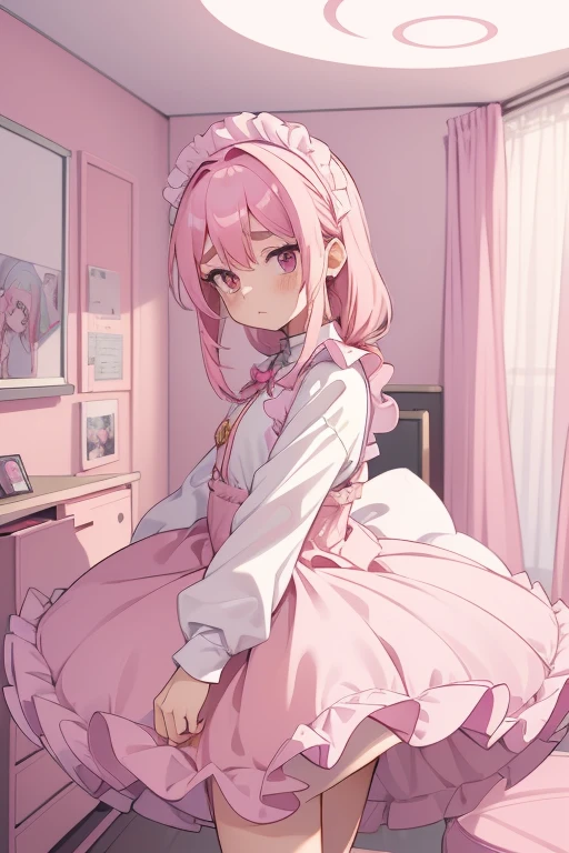 Girls with pink hair, long double-tailed hairstyle, ((small pink bushy eyebrows)), dressed in ta clothes, marked vagina, loli(Zankuro) drawing style by zankuro artist, Zancro style, image uploaded to R34, changing of clothes in a room, looking away, not looking at the camera (hidden camera recording it, security camera filter recording it)
