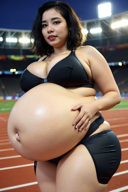 (best image quality:1.35), high quality, realistic pictures, (one beautiful woman:1.33), (korean woman), beautiful expression, (big round eyes:1.3), (beautiful eyes:1.3), (detailed face:1.3), (long face:1.3), smile, (shiny hair:1.2), (black hair:1.3), Super detailed, (High resolution:1.35), sporty physique, (big breasts:1.8), (short hair:1.5), (Beautiful woman), (long navel:1.2), (Depth of field F/1.2:1.45), sharp focus, RAW photo, (black bloomers for sprinters:1.5), (No-frills athlete bloomers:1.5), (black sports bra for sprinters:1.5), (black track bloomers:1.5), (black athletic sports bra:1.5), (Spread your arms to the sides:1.1), (well-proportioned hands and legs:1.25), (beautiful thighs:2.5), (thighs:2), (thick round ass:1.9), (big ass:1.7), (cowboy shot:1.5), (Athletics stadium at night:1.4), (dark sky:1.2), curvy body, plump body, huge big ass, thick body, curvy body type, voluptuous body type, busty body type, thick body type, big chest, big