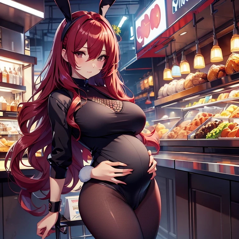 1woman, Pregnant goddess, mature, bunny girl, black bodysuit, fishnet leggings, fishnet top, wavy long red hair, bunny ears, hair over one eye