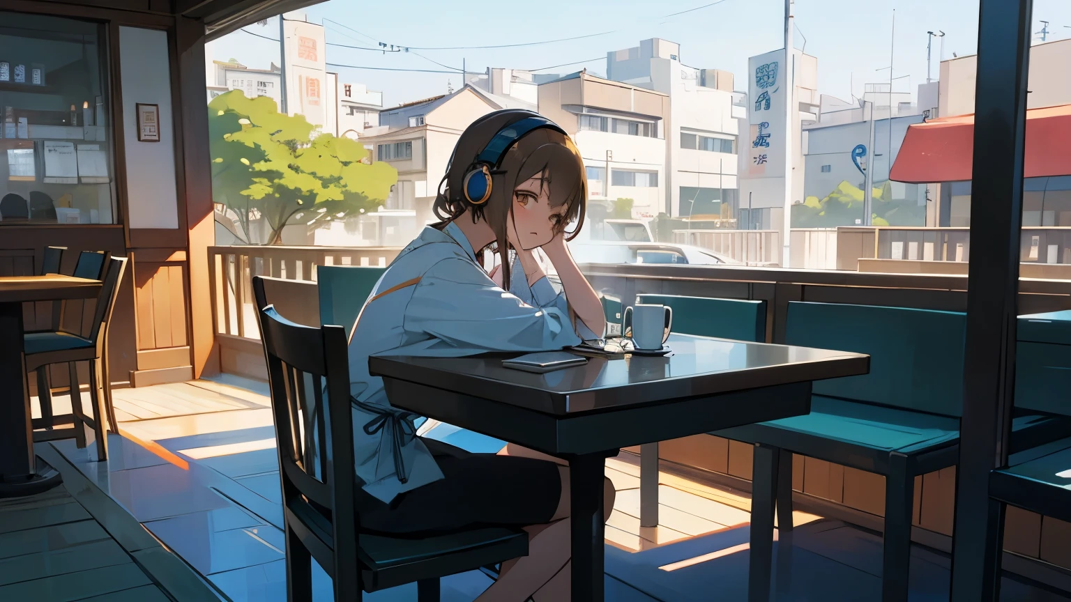On the terrace of a café、Listening to headphones、A girl studying Japanese anime style