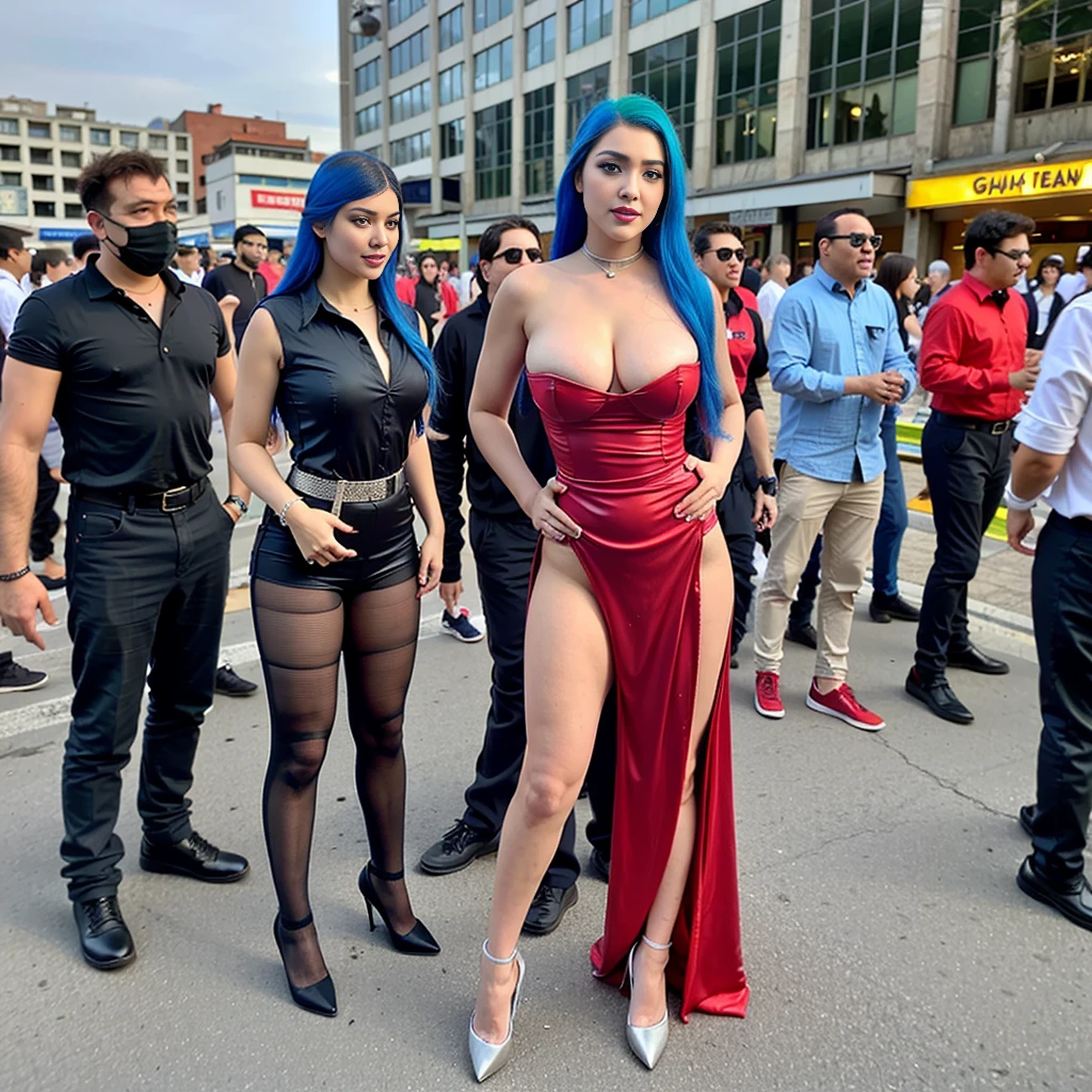 Full body image, standing, Princess Zelda giant, (red with silver costume:1.5), as Ultraman, immensely large breasts1, very tight body suit, heavy makeup on her face, light blue jewel on the breastplate, helmet on head, red lipstick on her mouth, (she green eyes:1.5, blue hair:1.5), Looking at the viewer from the front, she is in a futuristic city with several monsters attacking the buildings, Tokusatsu, Ultraman, anime style, cinematic lighting, 16k, UHD, masterpiece, best quality, high details