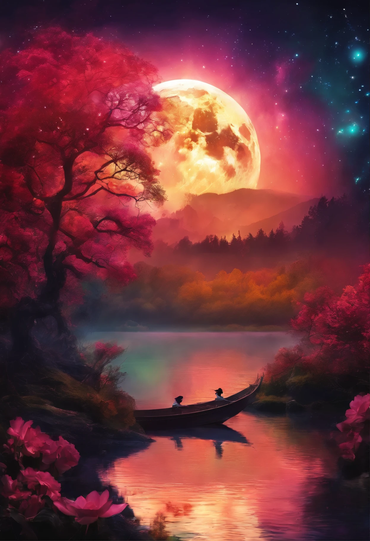 (masterpiece，Real photography，Simple composition：1.5），Bodhisattva，Sun, moon and stars，Popularity，galaxy，night，moonlight over lotus pond，plum bossom，Beautiful artistic conception，Realistic style，Magnificent atmosphere，Staff，