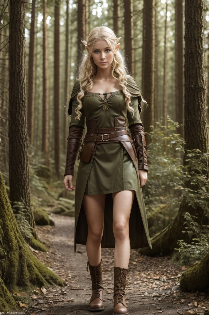 Russian girl 18 years old - elf archer in the forest (RPG),blonde curly disheveled hair, delicate features of a thin face, Fantasy,Tolkien,8K ,Reality, photo , Hi-Def, lifelike skin, , Without cosmetics, Knee-high photos, elfwhore, pussy, horny,Long ass elven ears (Tolkien), Incredibly fair skin, Short fabric skirt,Wide leather strap with sheath,in full height