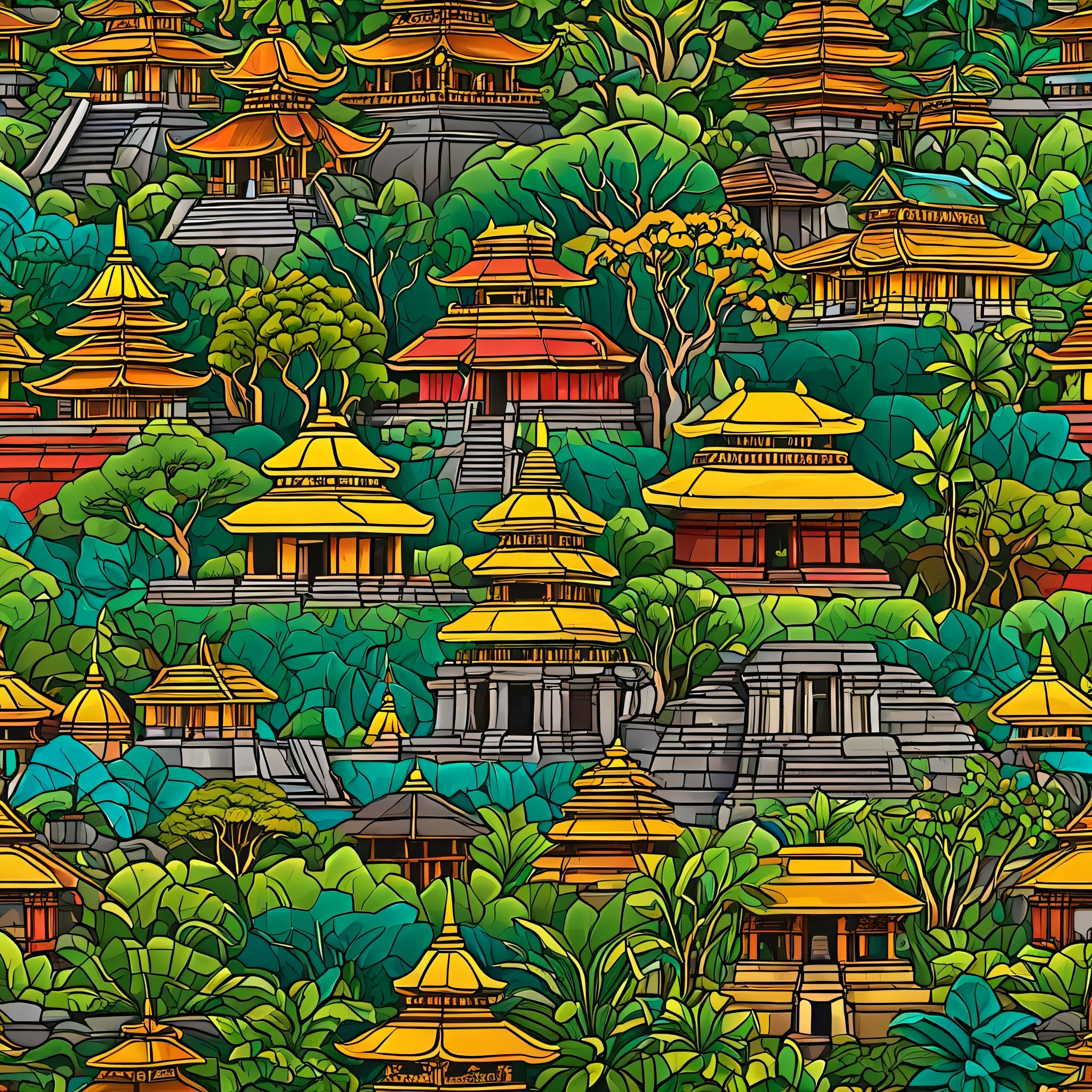 illustrations of ancient historic buildings such as temples in Indonesia with colored images