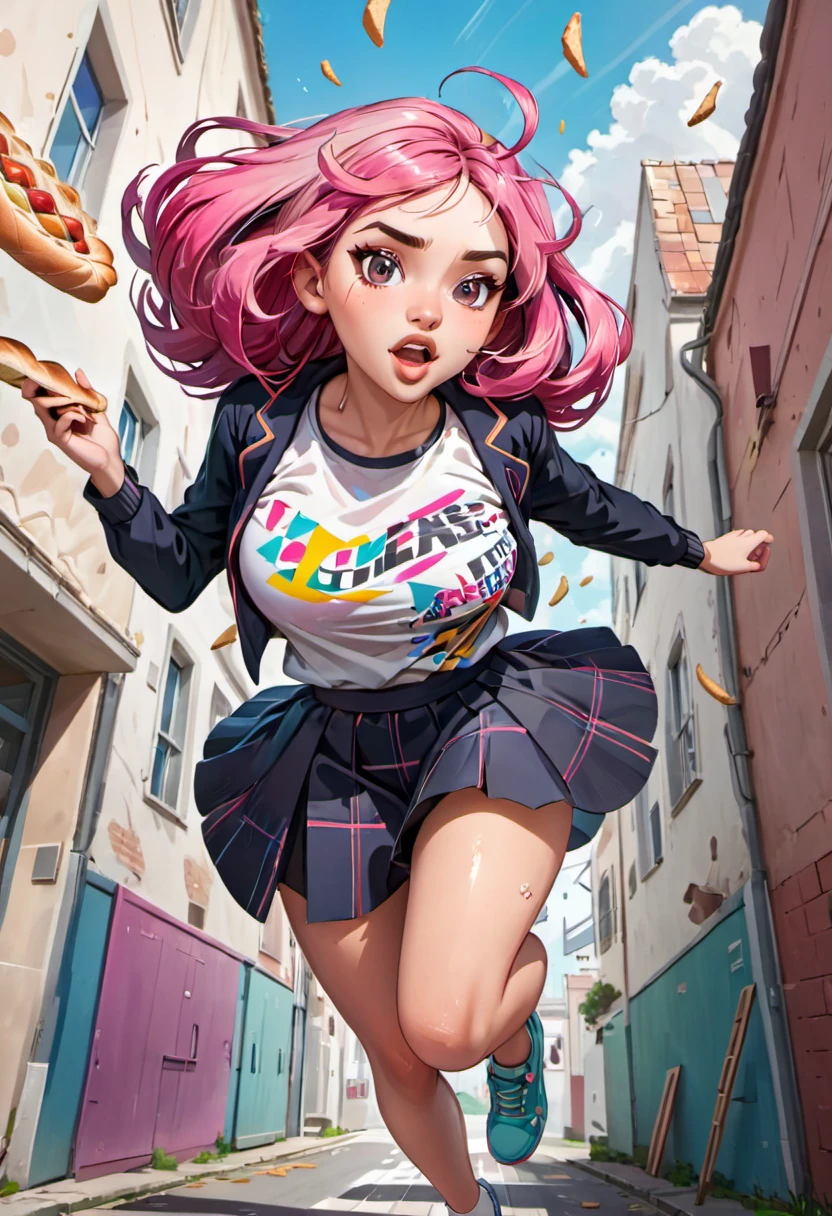 (running at full speed, followed by fat bakers jumping on her to hit them with baguette), girl with a beautiful face, black and pink hair, defined details, messy school clothes, looking at the camera, "Generate an illustration in a style that blends organic shapes with geometric patterns, emphasizing vibrant colors and dynamic compositions."