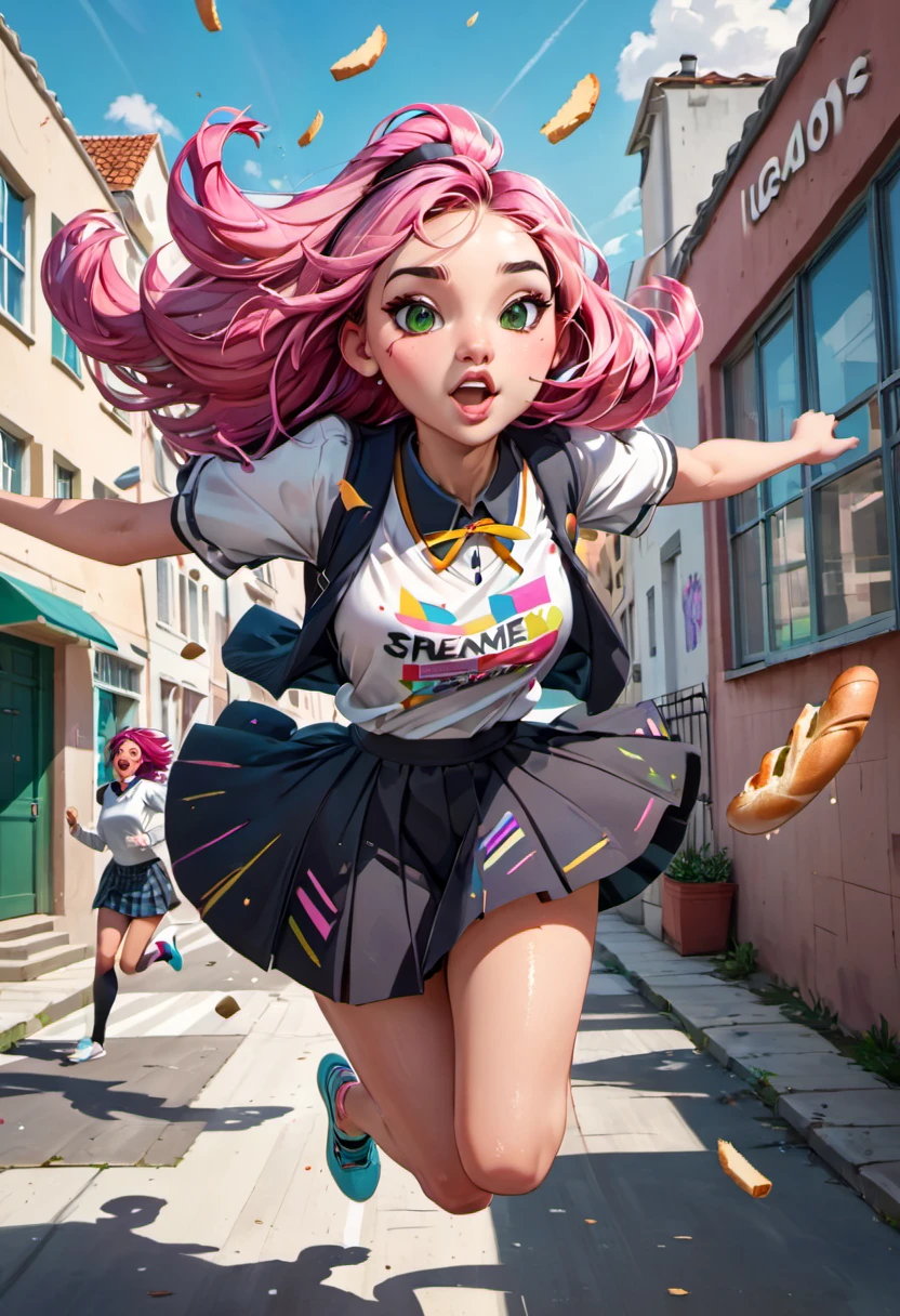 (running at full speed, followed by fat bakers jumping on her to hit them with baguette), girl with a beautiful face, black and pink hair, defined details, messy school clothes, looking at the camera, "Generate an illustration in a style that blends organic shapes with geometric patterns, emphasizing vibrant colors and dynamic compositions."