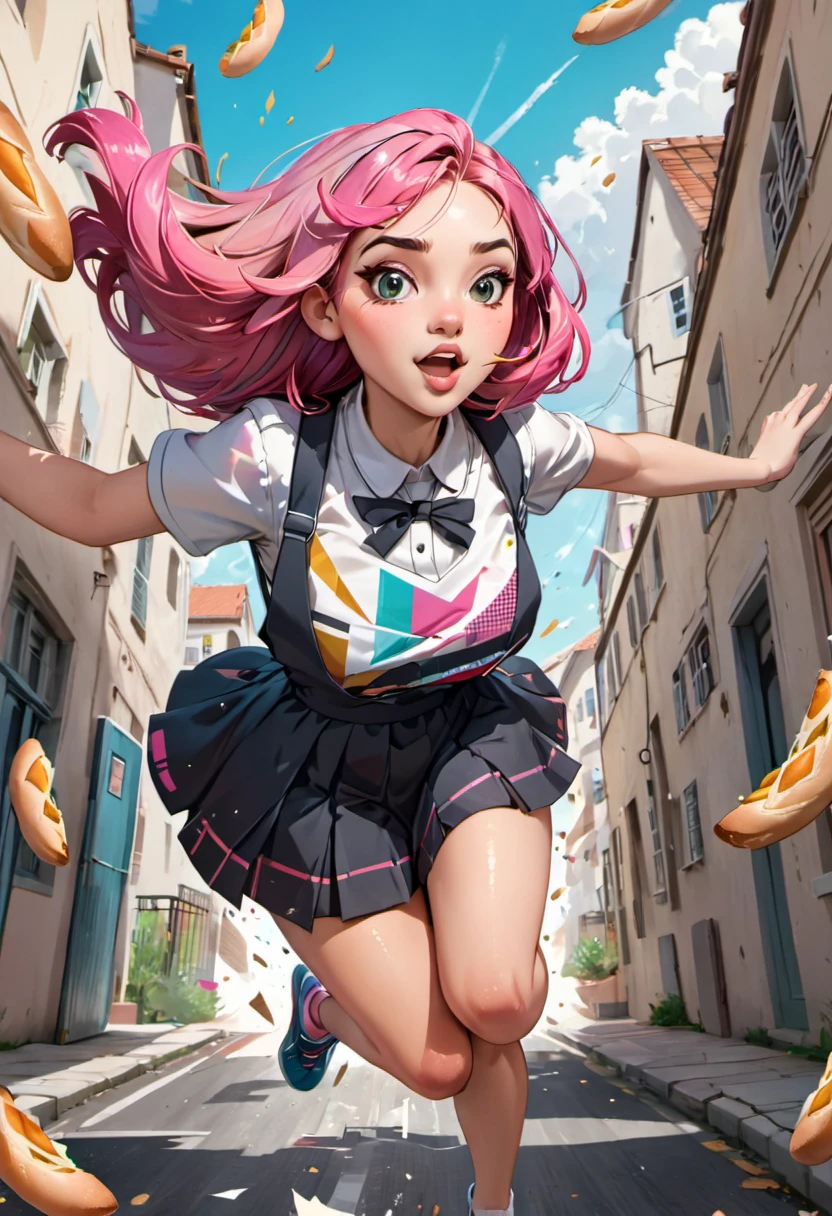 (running at full speed, followed by fat bakers jumping on her to hit them with baguette), girl with a beautiful face, black and pink hair, defined details, messy school clothes, looking at the camera, "Generate an illustration in a style that blends organic shapes with geometric patterns, emphasizing vibrant colors and dynamic compositions."