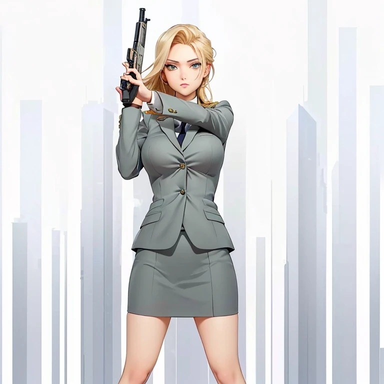 Cartoon of a woman in a suit holding a gun, Anya from Spy x Family, Female Spy, Inspired by Leiko Ikemura, Blonde Long Hair,Big eyes,Stern expression,cel - shaded art style, Desert Eagle,Girl in suit, Shooting pose, Inspired by Le Chevalier, Girl in suit, Charming Jill Valentine