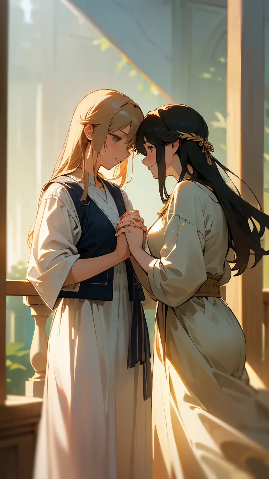 (highest quality、High resolution、masterpiece)、4K Anime Art、(Two beautiful women hold hands and look at each other、20-year-old)、ancient greek scene 、(Detailed depiction of a beautiful face)、Put your hair up、Captivating smile、Ancient Greek Clothing、White tunic、Movie Scenes、Soft Light、Ray-tracing、Soft Focus、greek architecture columns、greek pine、Blur the background、(Edmund Leighton Style)、(sergeant style)、