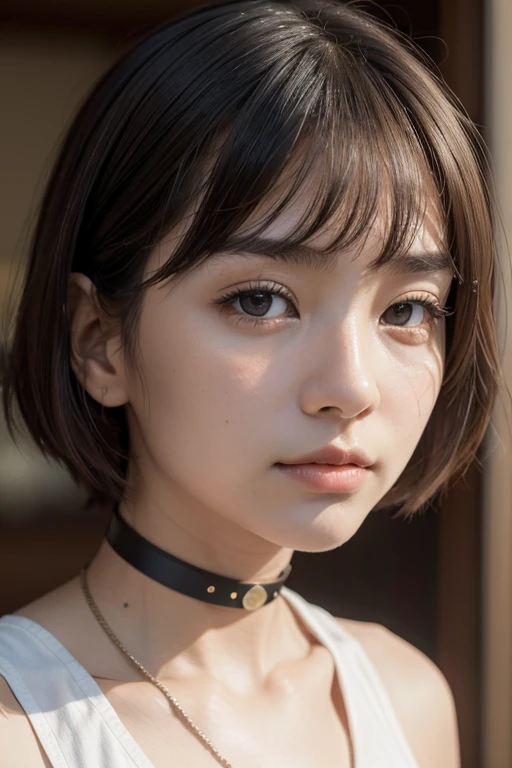 masterpiece, best quality, ultra detailed, masterpiece、Browsing Caution, super high quality、Crystal Clear、RAW UHD Format、Droopy eyes、High resolutionの光る目、highest quality, close, Realistic skin texture, photograph shoot, Detailed facial features, Film grain and high contrast, 非常にHigh resolutionの詳細, photograph, Realistic, Surreal, High resolution, masterpiece、１７歳のウクライナ美少女photograph、Boyish and healthy girl、choker、short hair、Cowboy Shot