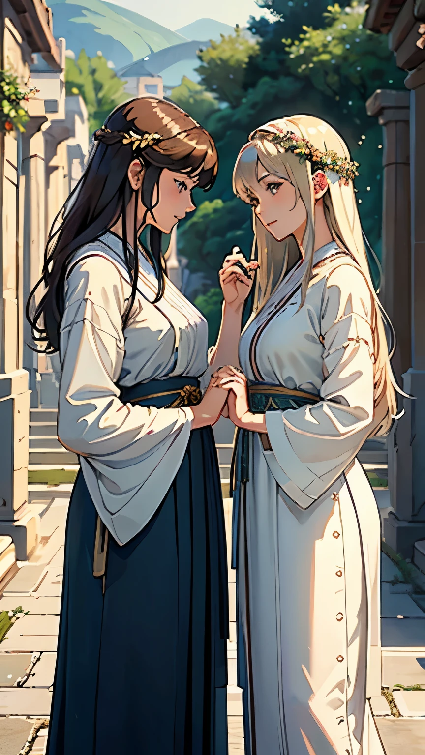 (highest quality、High resolution、masterpiece)、4K Anime Art、(Two beautiful women hold hands and look at each other、20-year-old)、ancient greek scene 、(Detailed depiction of a beautiful face)、Put your hair up、Captivating smile、Ancient Greek Clothing、White tunic、Movie Scenes、Soft Light、Ray-tracing、Soft Focus、greek architecture columns、greek pine、Blur the background、(Edmund Leighton Style)、(sergeant style)、