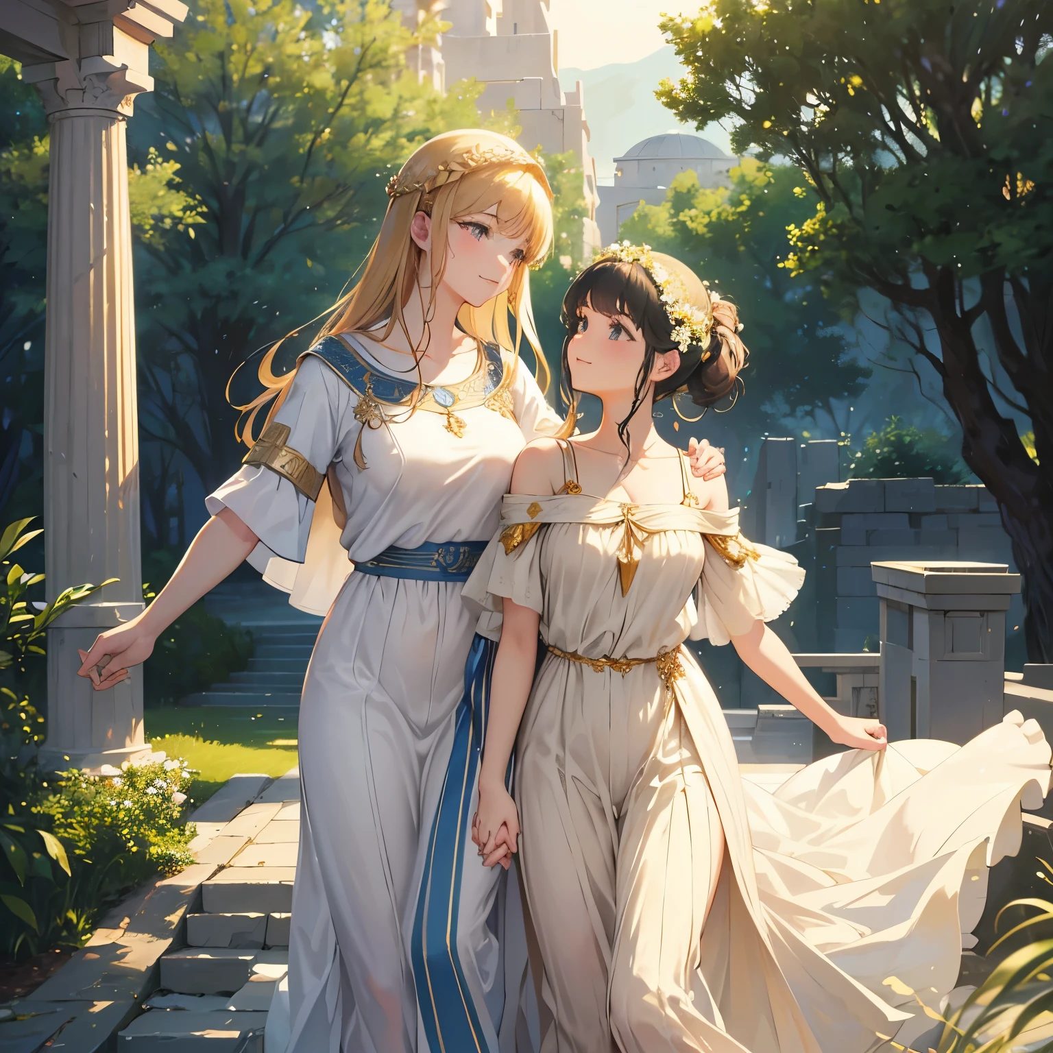(highest quality、High resolution、masterpiece)、4K Anime Art、(Two beautiful women standing holding hands and looking at each other、whole body、20-year-old)、(Ancient Greek Scene) 、(Detailed depiction of a beautiful face)、Put your hair up、Captivating smile、(Ancient Greek Clothing、White tunic)、Movie Scenes、Soft Light、Ray-tracing、Soft Focus、greek architecture columns、greek pine、Blur the background、(Edmund Leighton Style)、(alma tadema style)、(David Hamilton Style)、(sergeant style)、