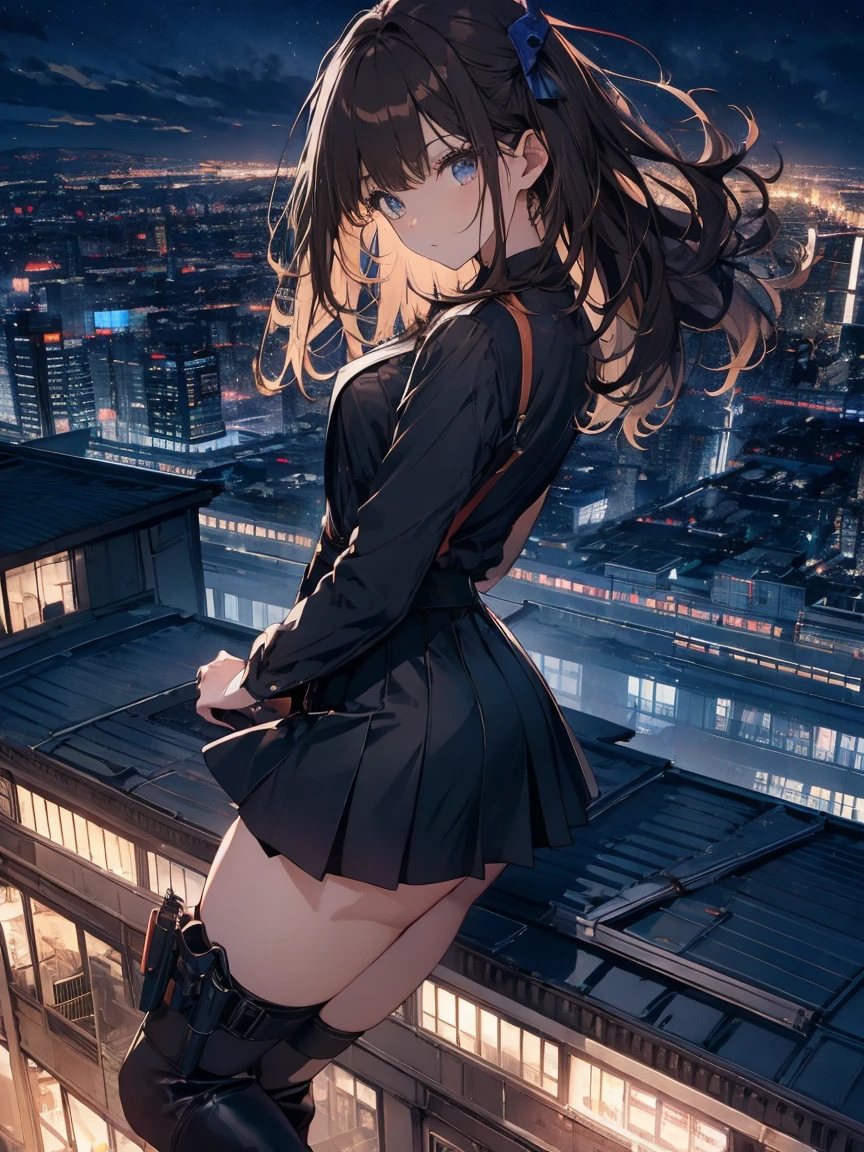 Brown Hair、night、building、rooftop、Overlooking the lower world,Black mini skirt,vision,Small face　bangs ,beauty,vision 、Black boots 、one person 、Dress shirt、holster　