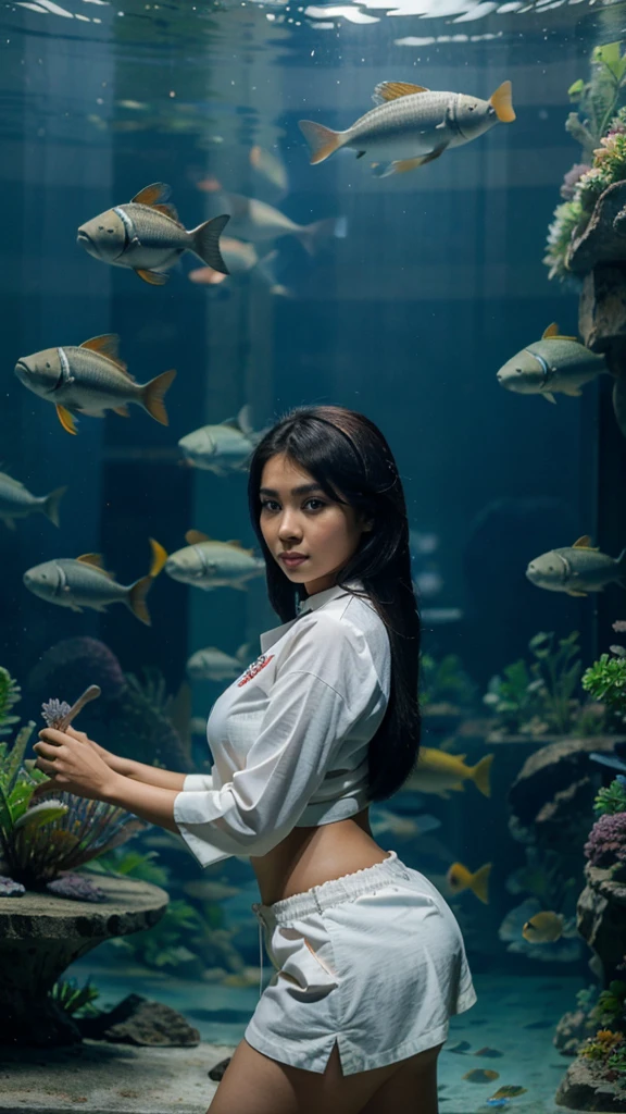 seorang wanita cantik , indonesia ,sedikit gemuk memakai baju hitam .
pose dinamis di bawah aquarium besar dengan berbagai jenis ikan ,seperti hiu,paus ,nemo,dll
poto realistic,detail,gambar cerah uhd 32k