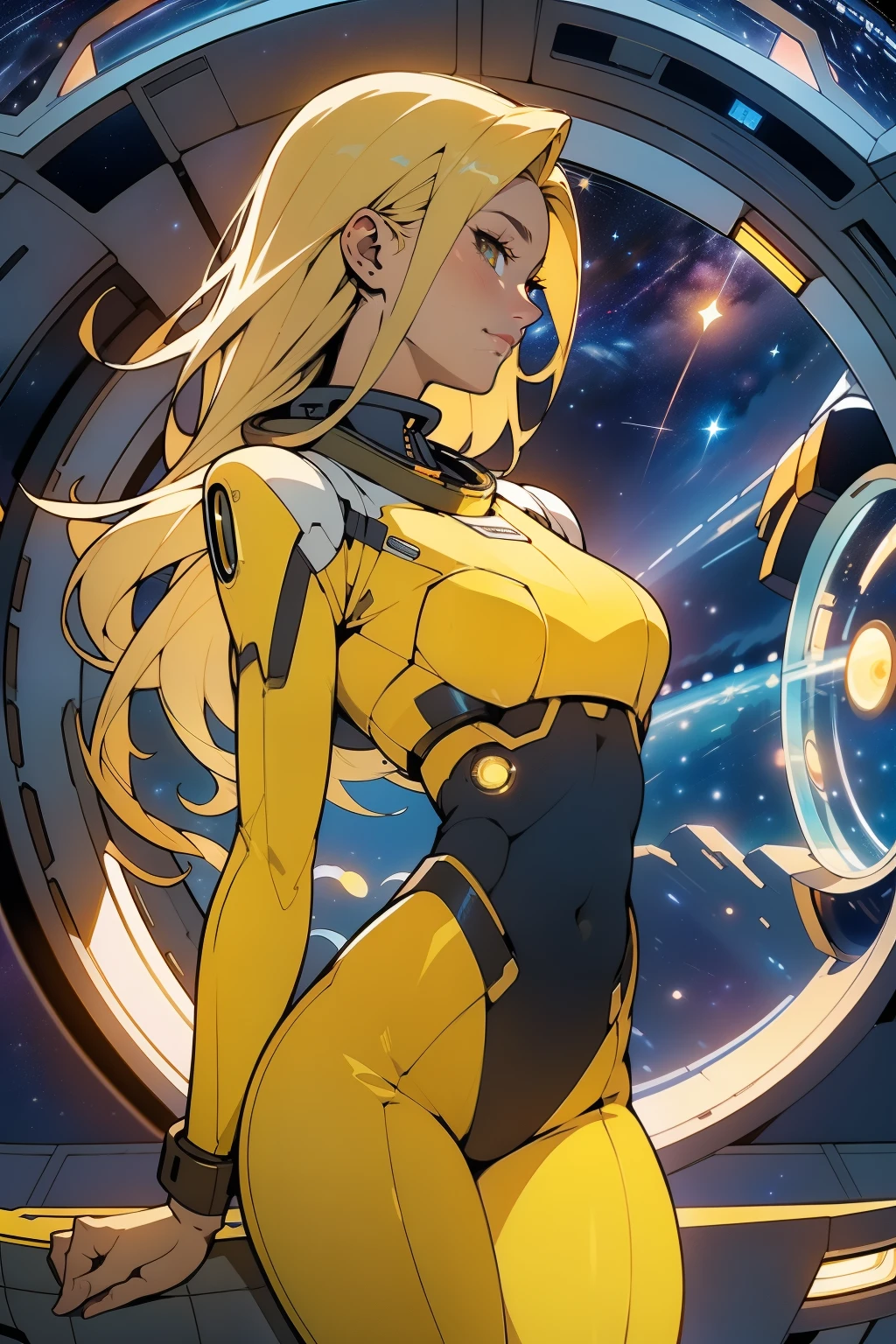 (masterpiece, best quality:1.2), (cowboy shot:1.1), solo, 1girl, mori yuki, slight smile, closed mouth, side view, looking at viewer, blonde hair, long hair, thigh gap, yellow bodysuit, skin-tight, perfect body, large window, (starship porthole:1.3), (spread legs:1.0), (standing:1.1), thigh gap, sensual pose, sideview, perfect hands, bright starship interior, (outer space view:1.1), (orbital view:1.3), (night, stary sky:1.5), milky way