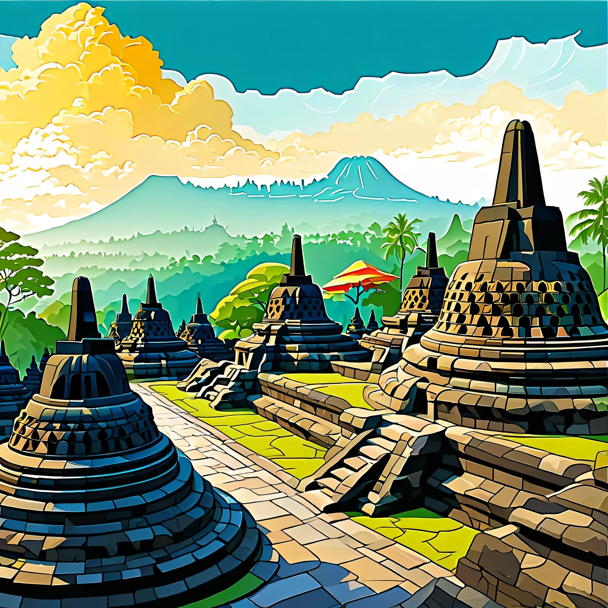 illustrations of ancient historic buildings such as the Borobudur temple in Indonesia with colored images