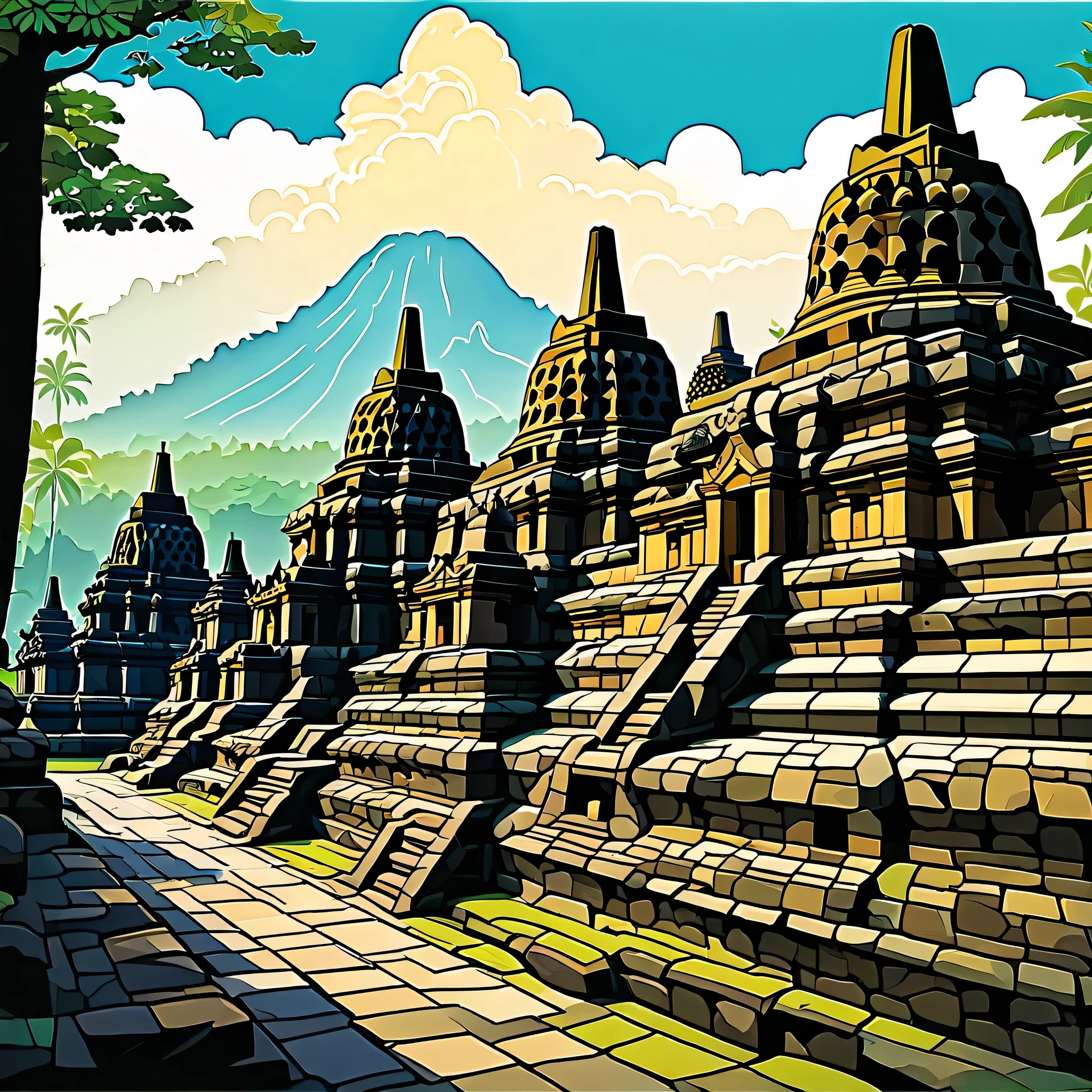 illustrations of ancient historic buildings such as the Borobudur temple in Indonesia with colored images