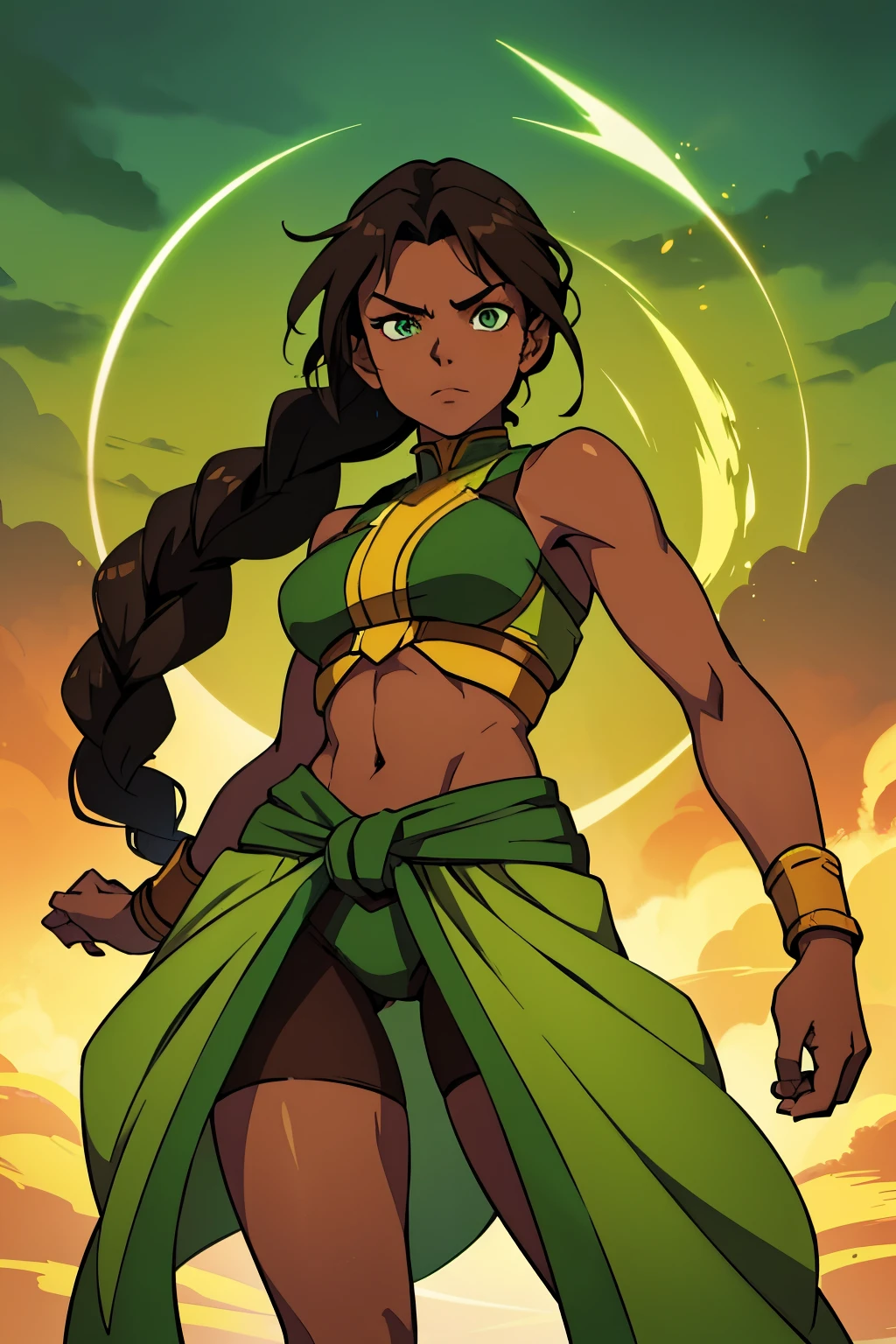 Earthbender human woman with tanned skin. She is a 16-year-old teenager with green eyes and green clothing. Her hair is long and brown in color; it is fastened in a large braid. Just a braid. She is beautiful and her skin is dark in color. Her skin is slightly dark. Earthbender. Tsundere face.