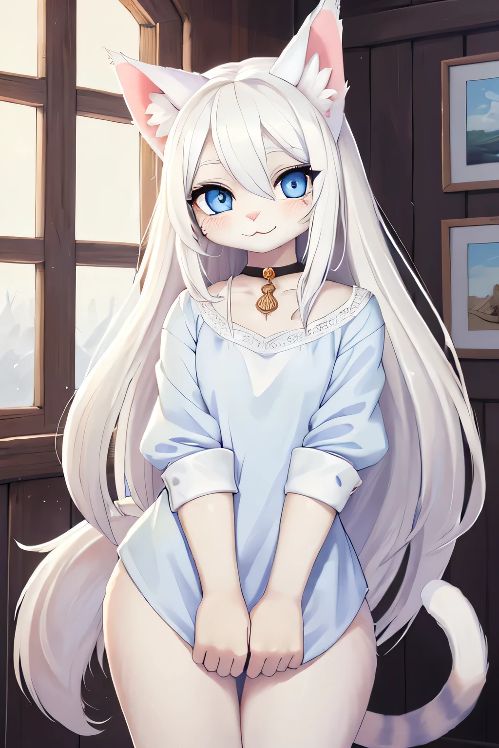 (Nada Ali), ((artwork)) , ((better quality)), illustration, hairy, Cat, Animal ears, Tail, Body hair, 1 girl, Throw, Dry, 1 girl, Solitary, Long hair, white hair, *//*, blue eyes, *//*, White shirt, Looking at the audience, Smile,